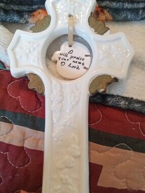 #1053 White Ceramic Wall Cross with Leaf Accents